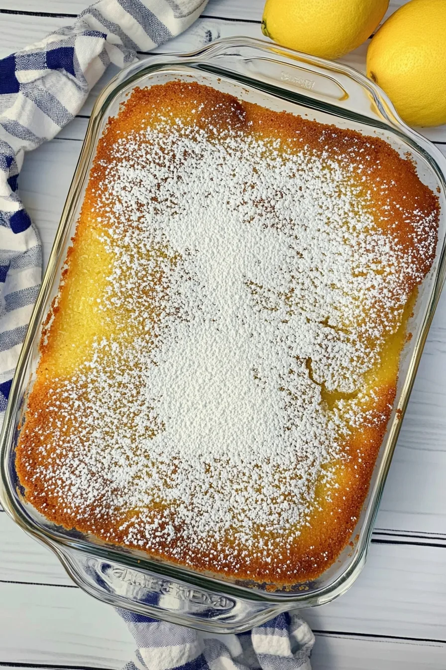 Close-up of a soft, golden dessert with a creamy lemon layer and light sugar dusting.