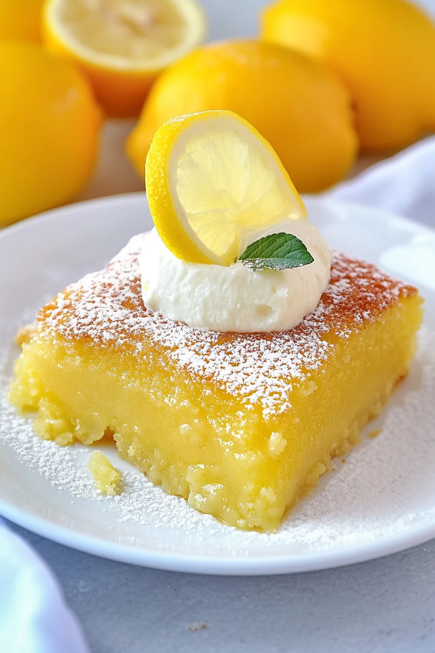 Square piece of tender pudding cake served on a white plate with fresh lemon garnish.