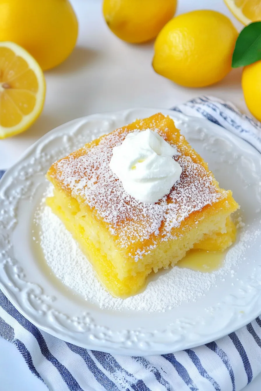 Plated lemony cake with a smooth, custard-like texture and dusting of icing sugar.