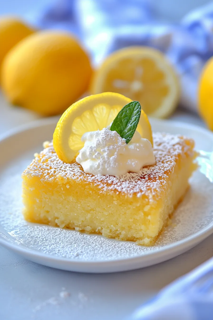 Bright and glossy lemon dessert topped with whipped cream and a mint leaf.