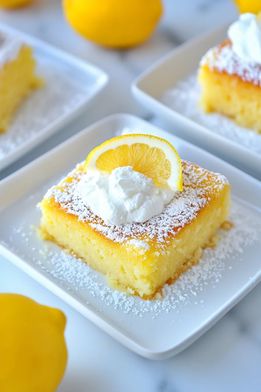 A moist yellow pudding cake dusted with powdered sugar and topped with whipped cream and a lemon slice.