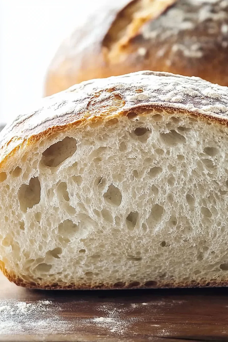 Crusty homemade bread with rustic cracks and a soft, fluffy center.
