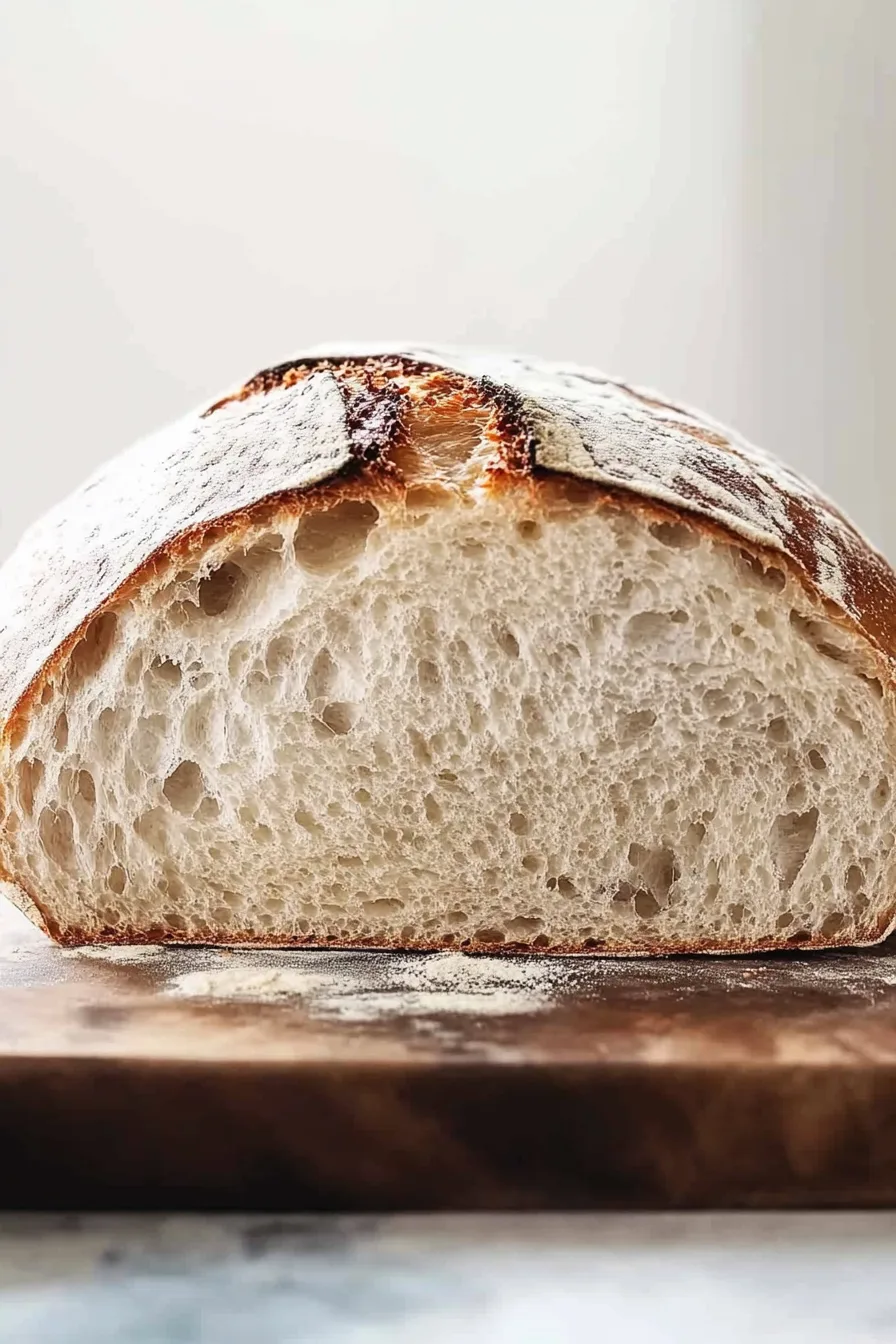 Rustic bread loaf resting on a wooden surface, showing its crisp texture and tender crumb.