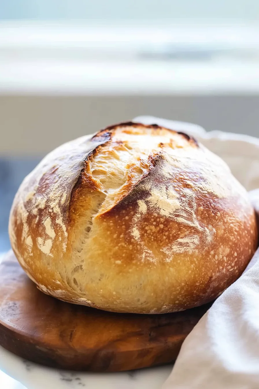 Freshly baked round loaf cooling on a wooden board near a kitchen window.