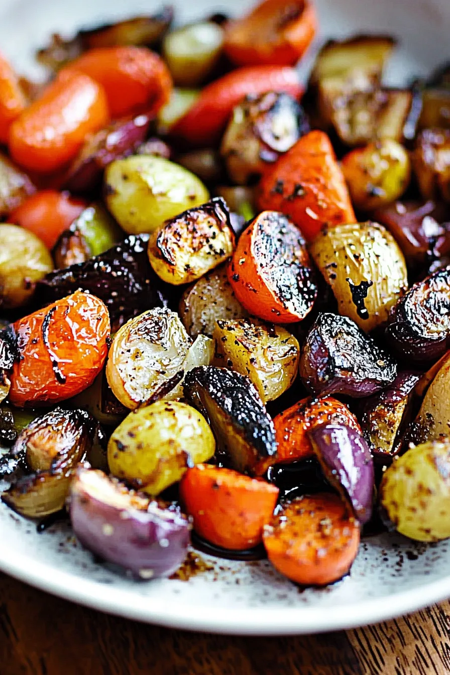 A bowl of mixed vegetables roasted until tender and slightly charred.