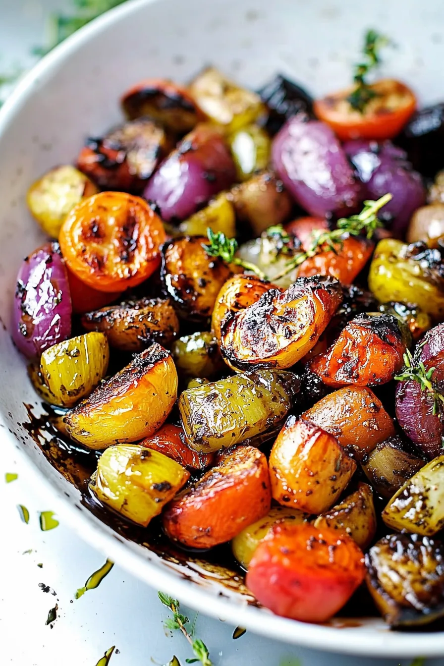 Oven-browned baby potatoes, carrots, and onions glistening with herbs and olive oil.