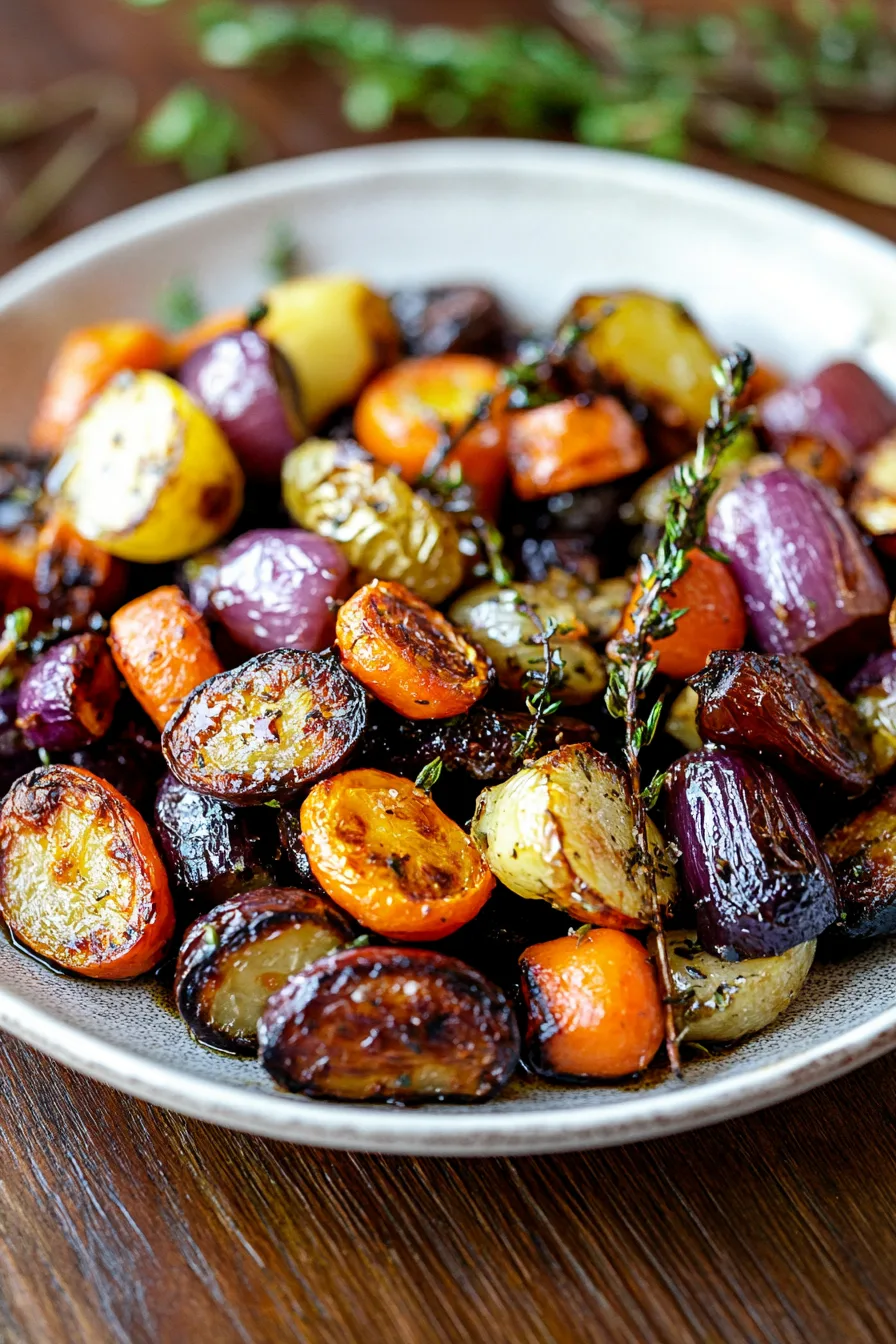 Rustic roasted vegetables fresh from the oven, showcasing a mix of vibrant colors and textures.
