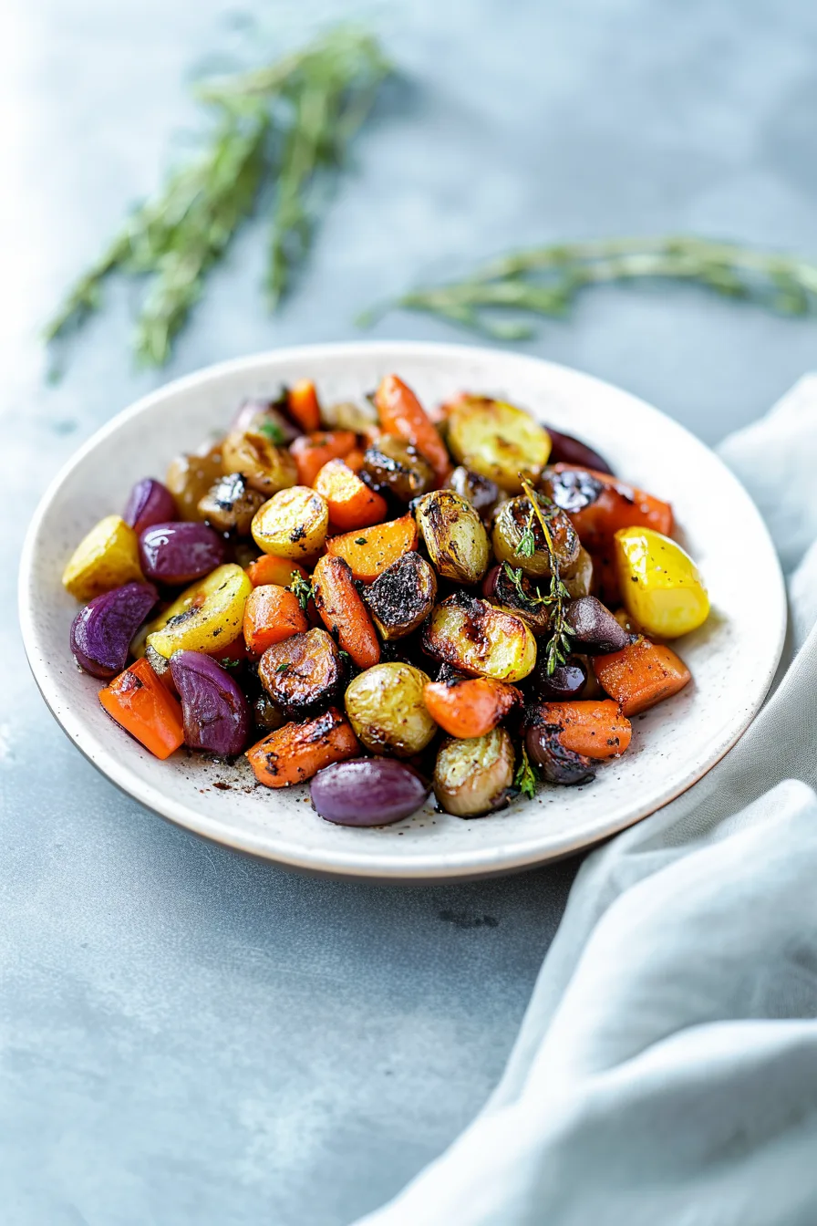 Hearty medley of oven-roasted vegetables with crisp edges and a rich, savory glaze.