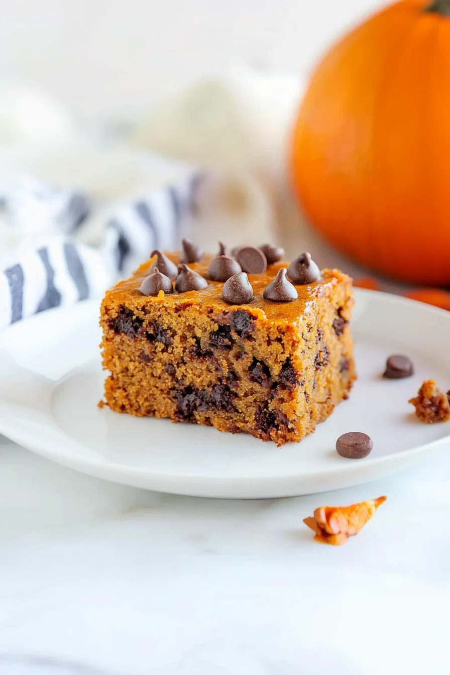 Slice of moist pumpkin cake topped with chocolate chips on a white plate.