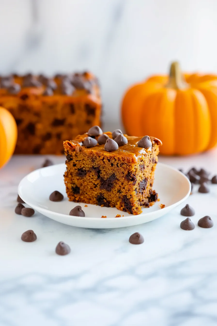Soft and tender pumpkin cake slice showing rich chocolate chips inside.