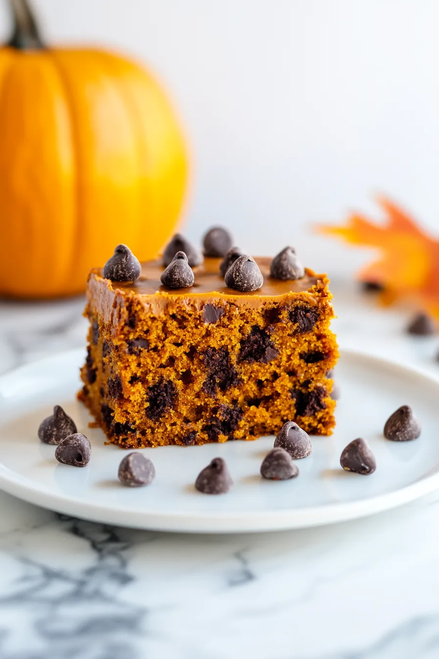 Plated serving of golden pumpkin cake with chocolate chips, ready to enjoy.