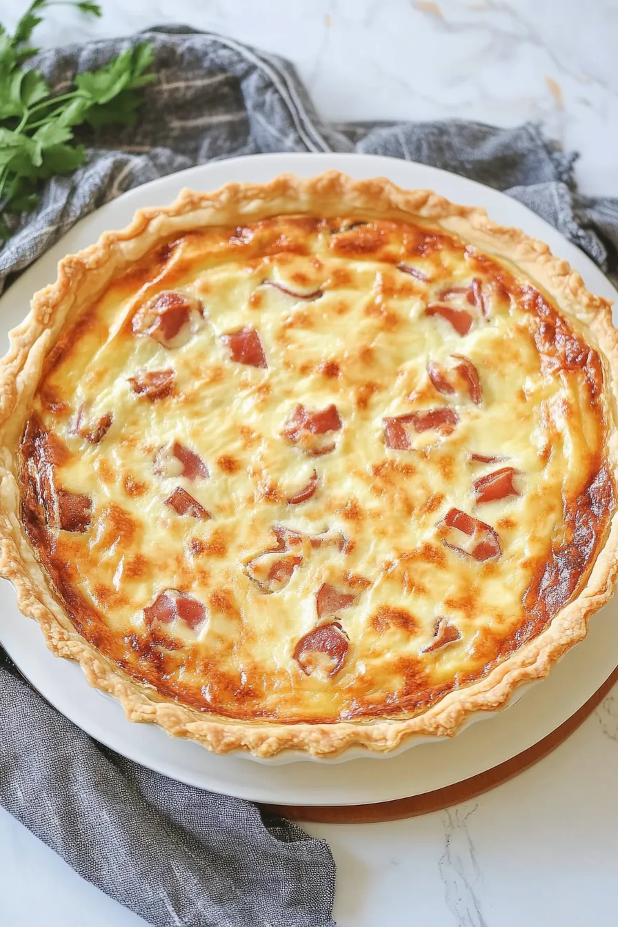 Warm, cheesy quiche garnished with parsley and served on a white pie dish.