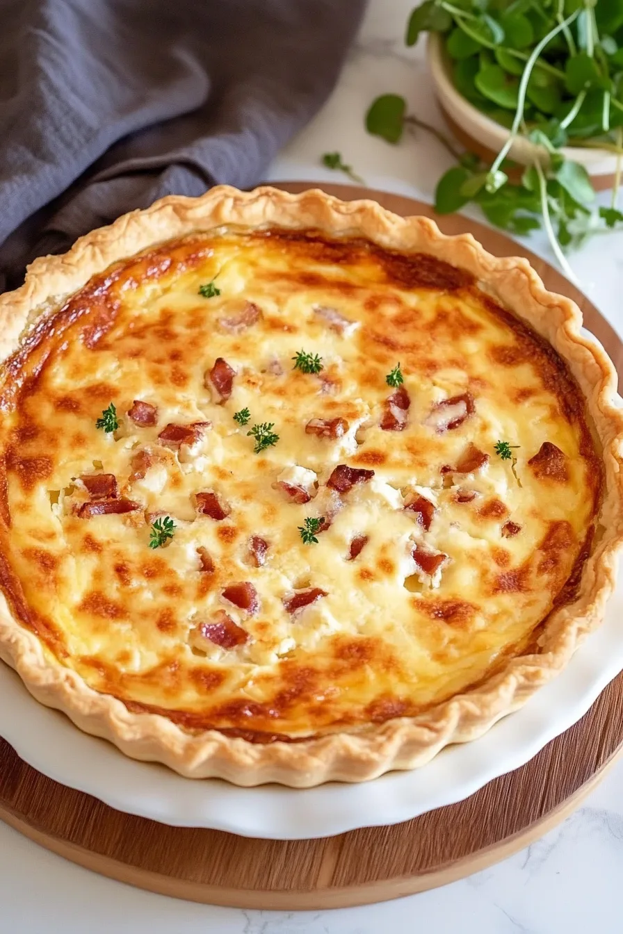 Freshly baked quiche with a flaky crust and creamy filling.
