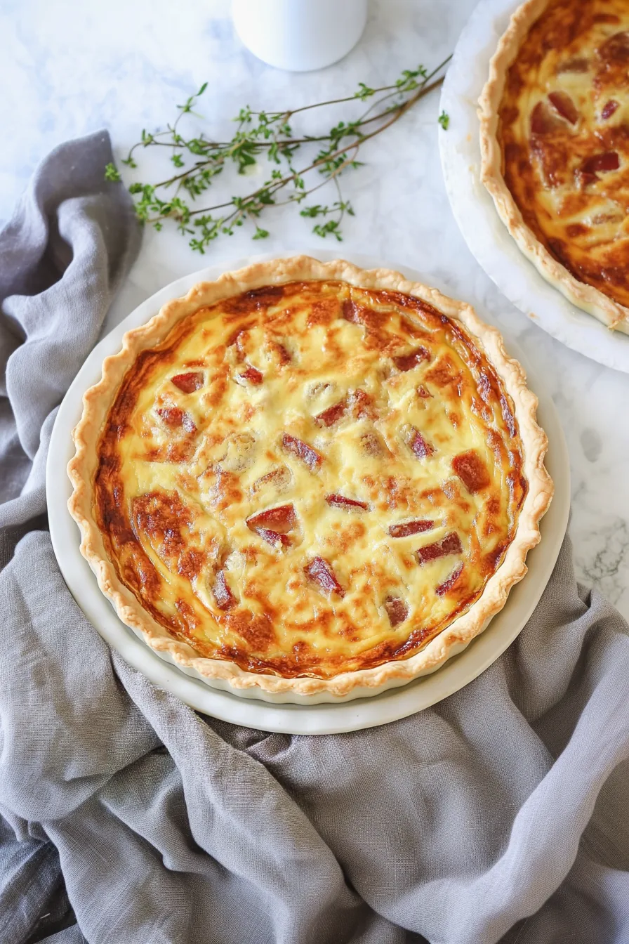 Homemade egg tart featuring bacon pieces and a golden-brown top.