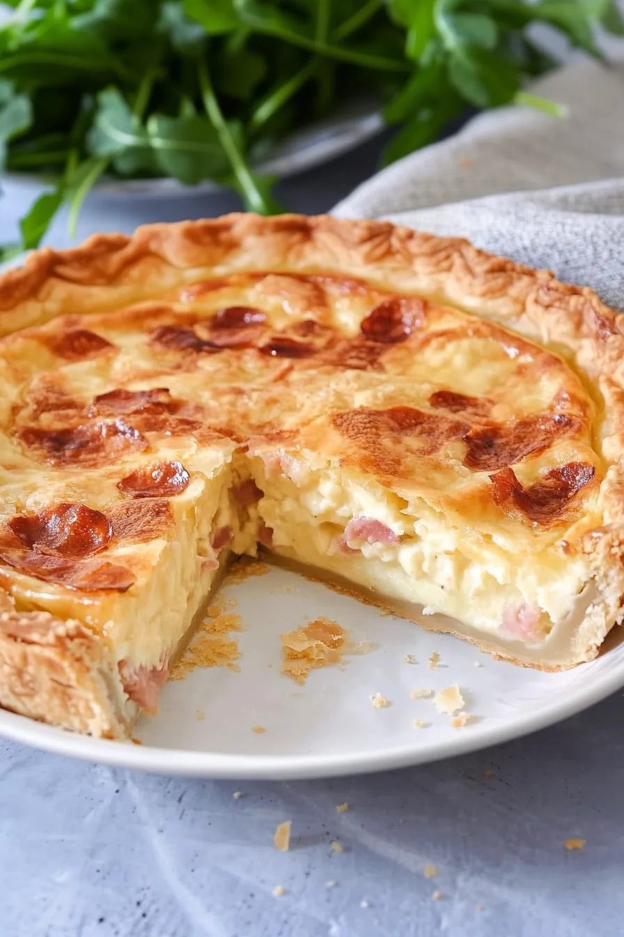 Close-up of savory pie filled with eggs, cream, and bits of bacon.