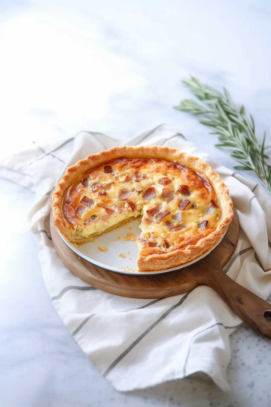 Golden baked quiche with crisp edges and melted cheese on top.