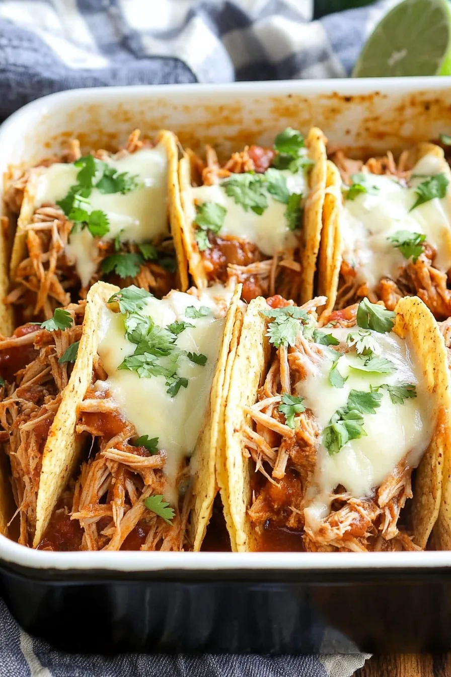 Tender slow-cooked pork served in taco shells, garnished with cilantro and melted cheese.