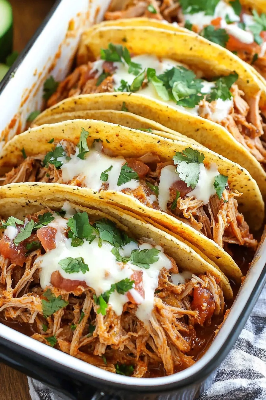 Mexican-style pulled pork tacos in a baking dish, topped with cheese and herbs.