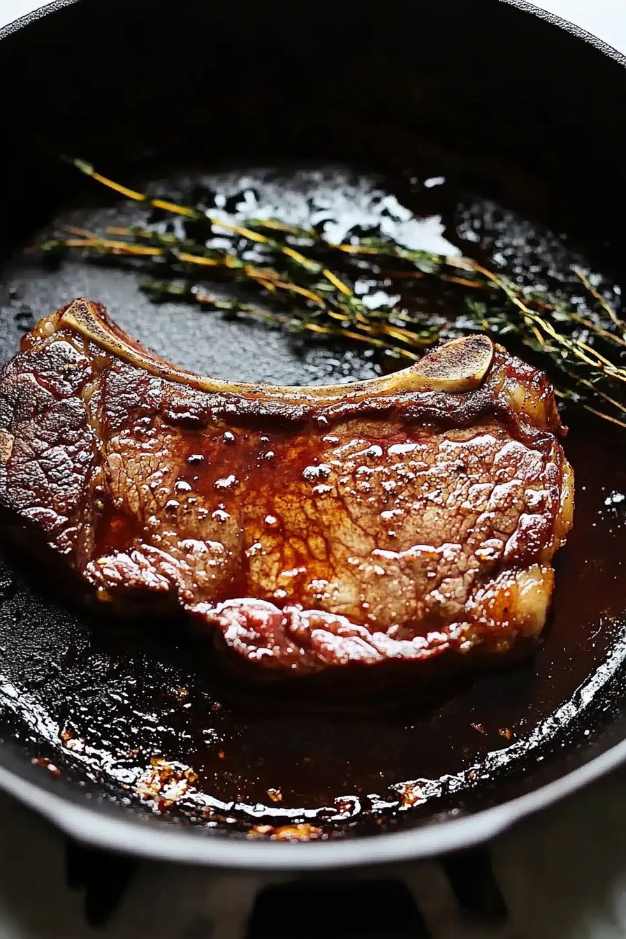 Juicy sliced steak cooked to medium doneness with herbs and pan juices.