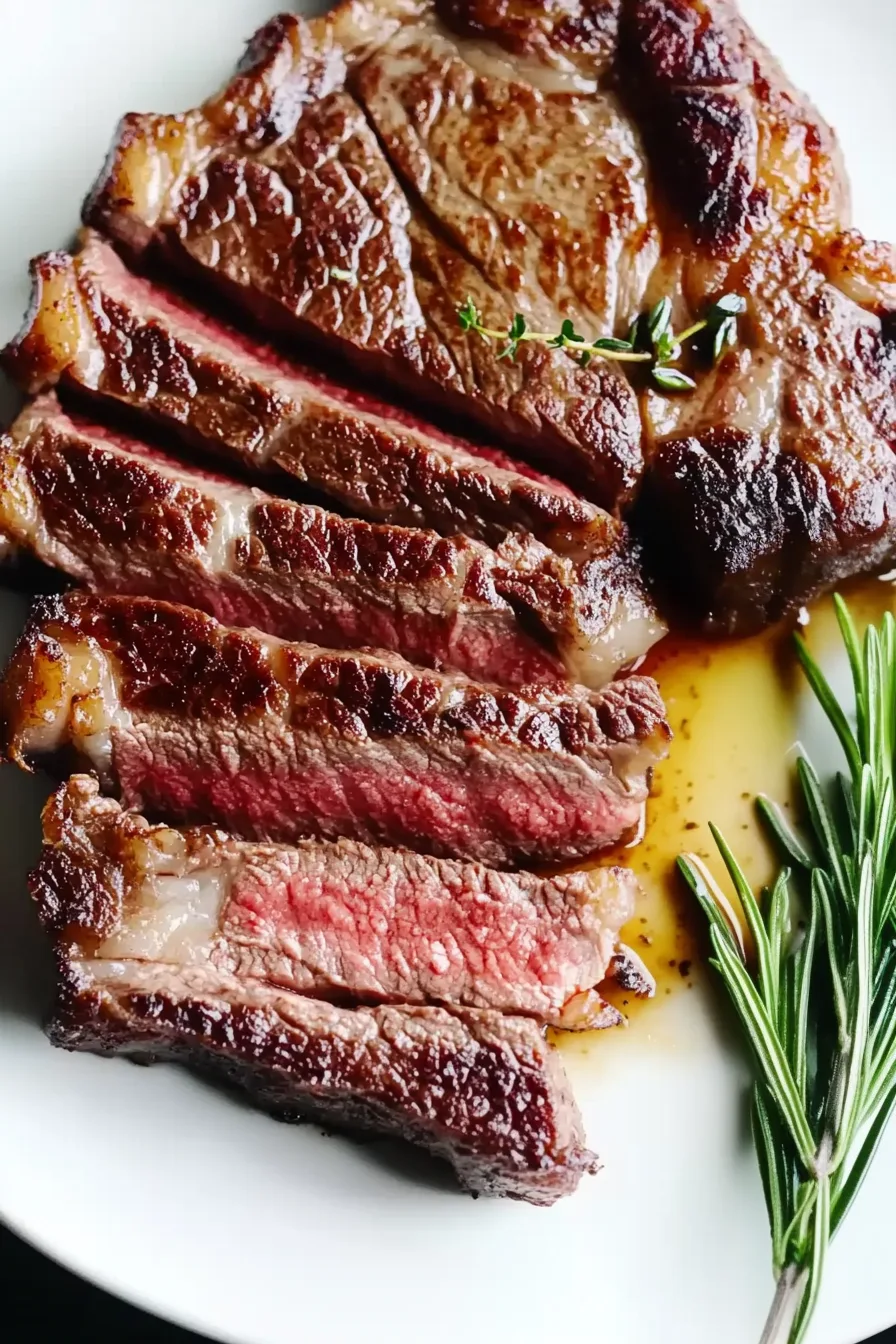 Close-up of seared beef steak on a plate, garnished with fresh rosemary.