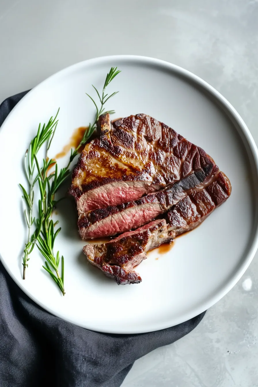 Slices of pan-seared steak served with drippings and a sprig of thyme.