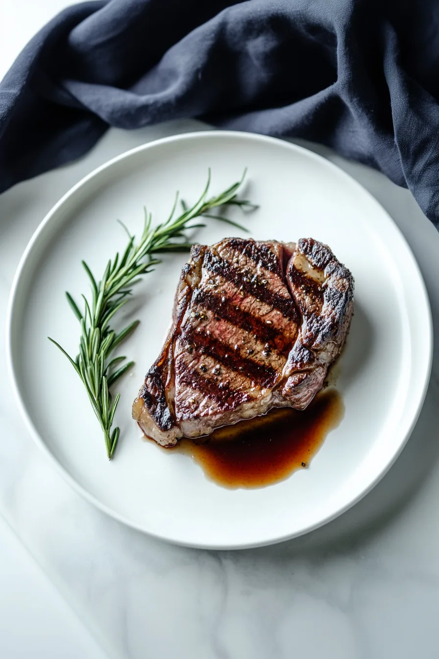 Golden-crusted steak resting on a plate with natural juices pooling beneath.