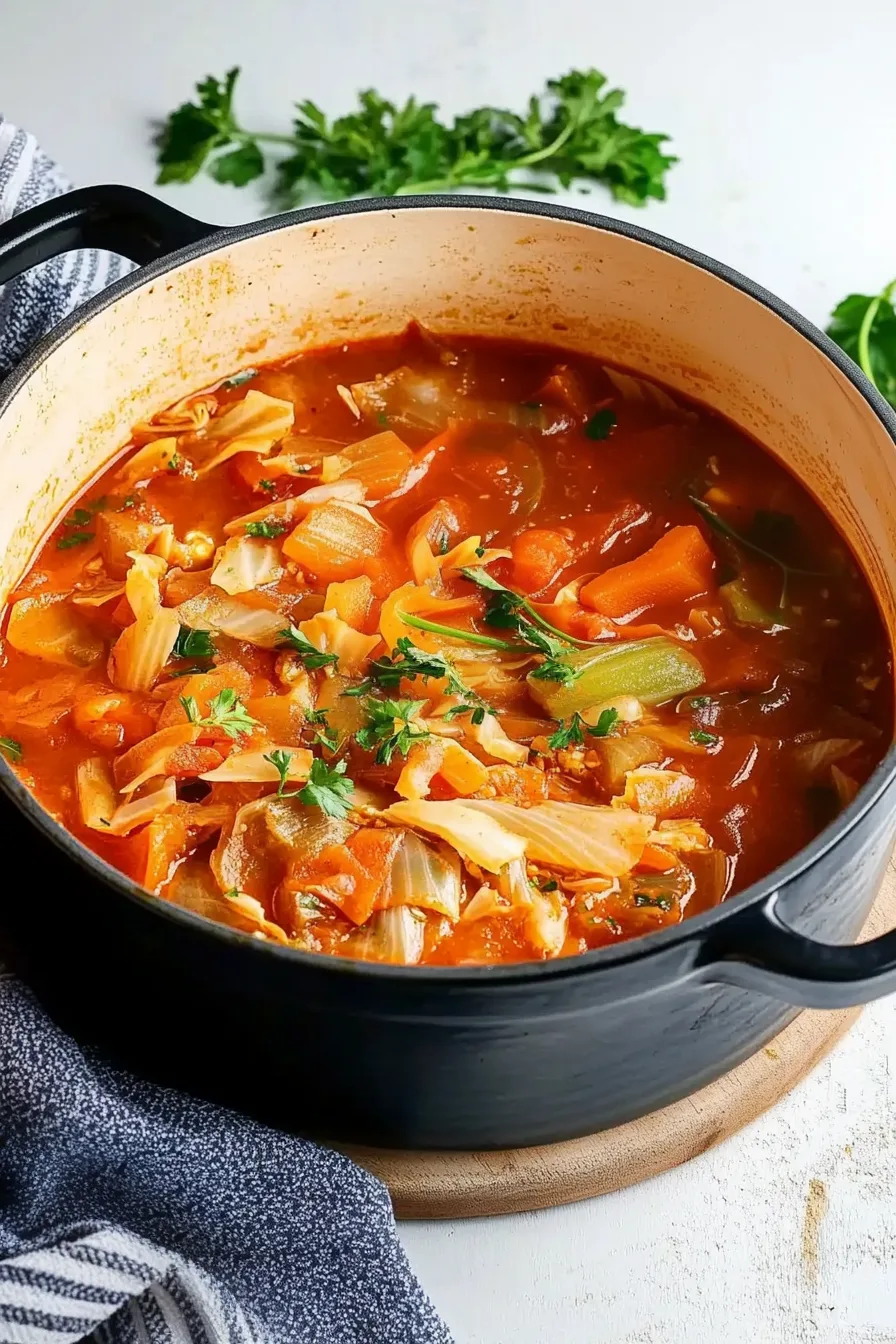 A pot filled with hearty vegetable soup featuring cabbage, carrots, and herbs.