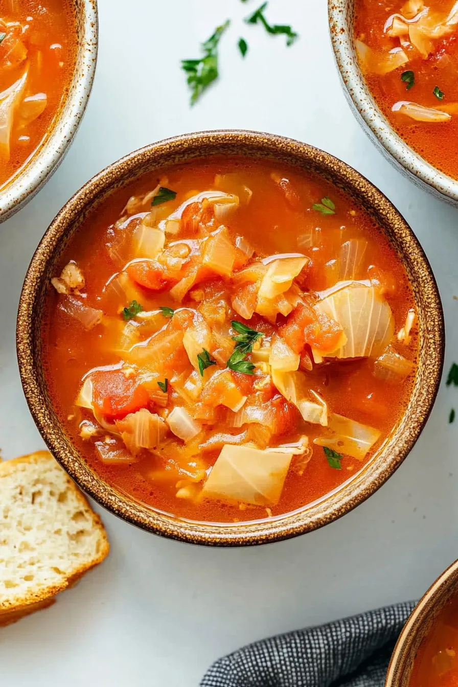 Warm bowl of homemade cabbage soup with colorful chunks of carrots and onions.