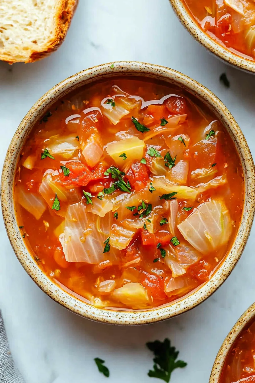 Close-up of a simmering tomato-based soup with tender cabbage and vegetables