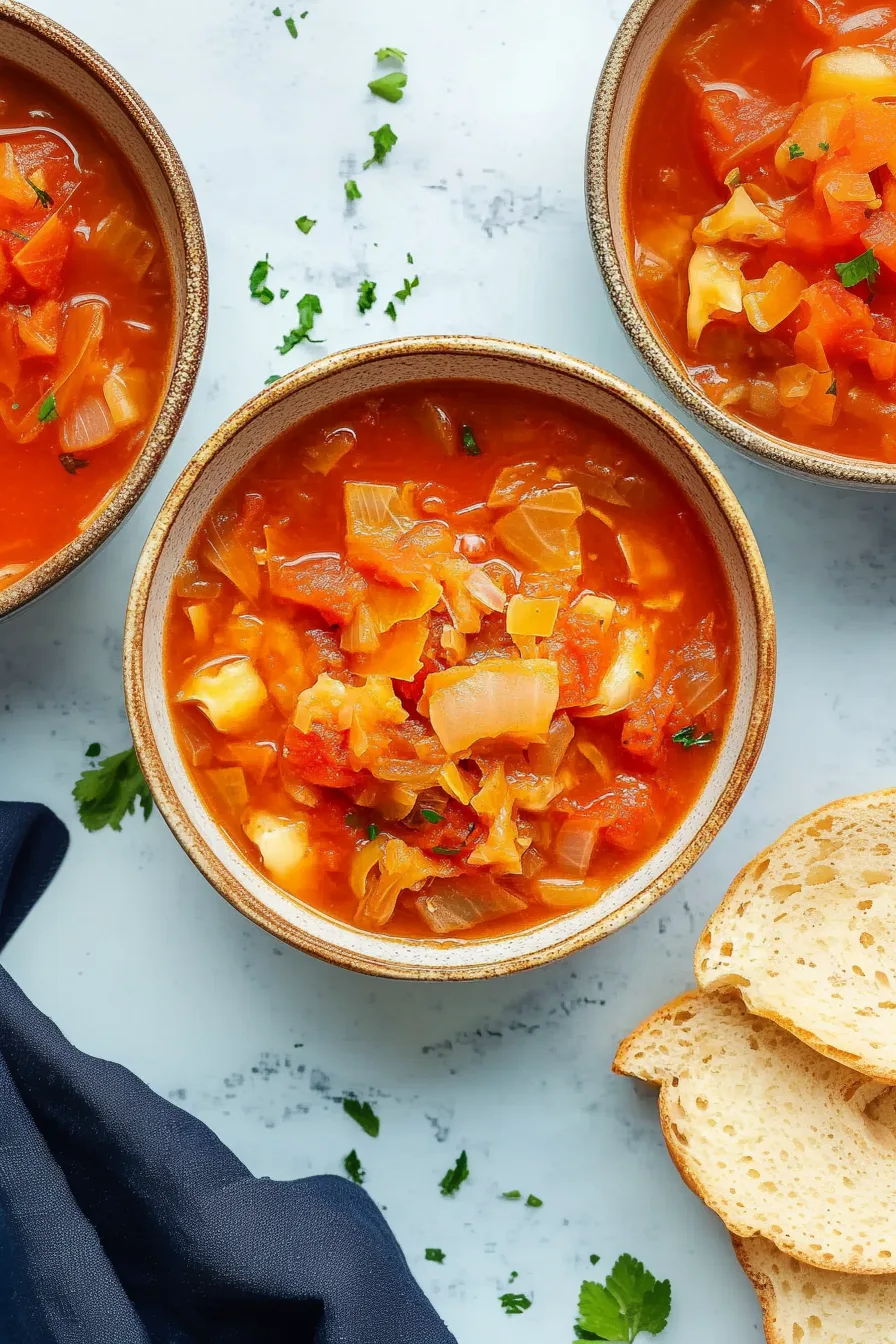Freshly cooked soup with cabbage, celery, and carrots in a tangy broth.
