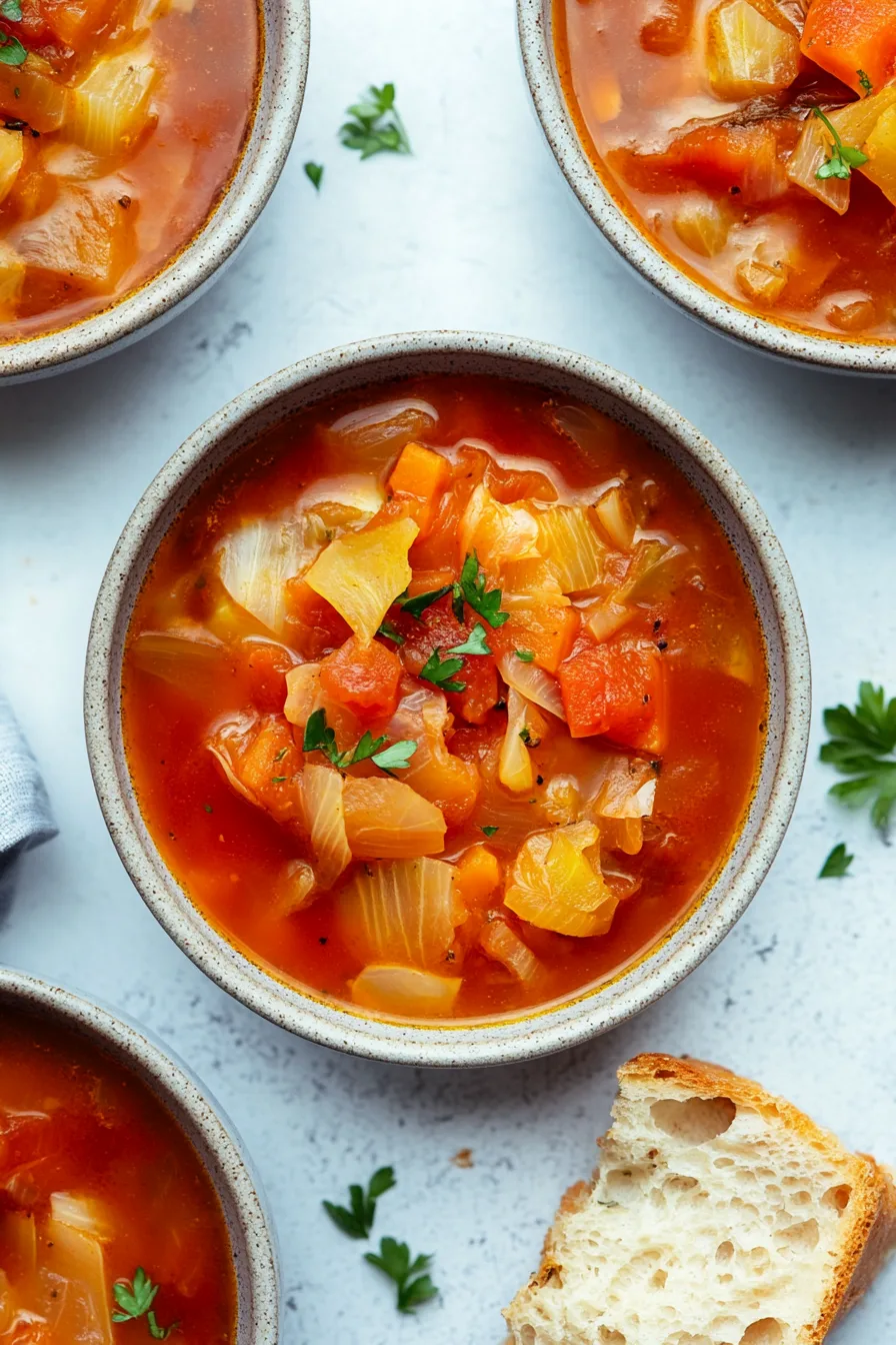 Rustic pot of comforting vegetable soup garnished with chopped parsley.