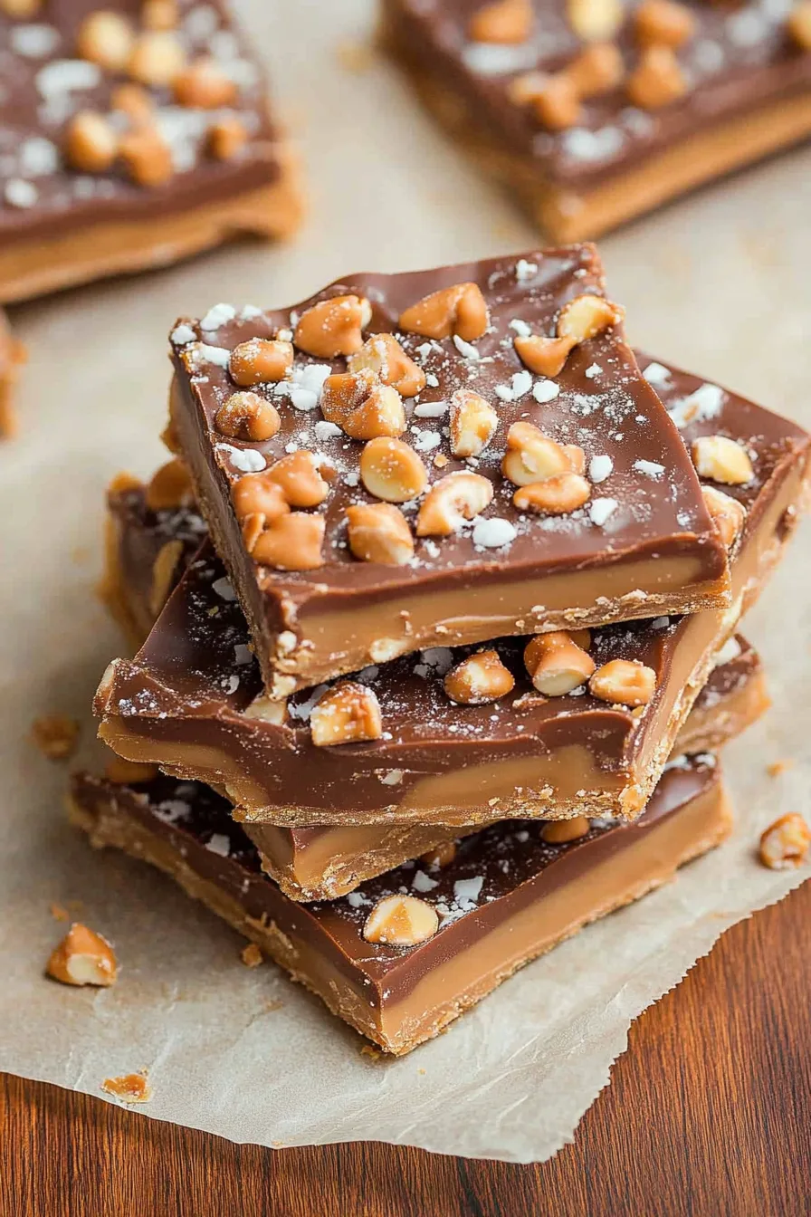 Homemade toffee bark showing layers of caramelized sugar, chocolate, and nuts.