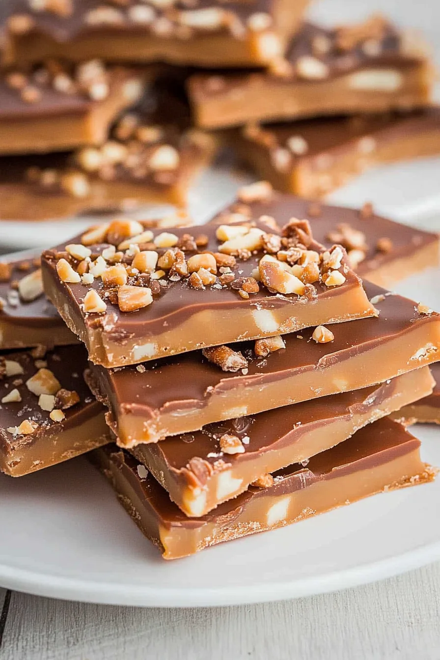 Crisp, glossy toffee candy with chocolate and nut topping arranged on a white plate.