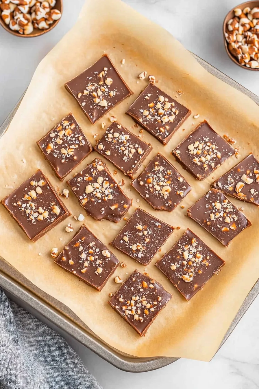 Crunchy, golden toffee pieces with a smooth chocolate layer and bits of toasted nuts.