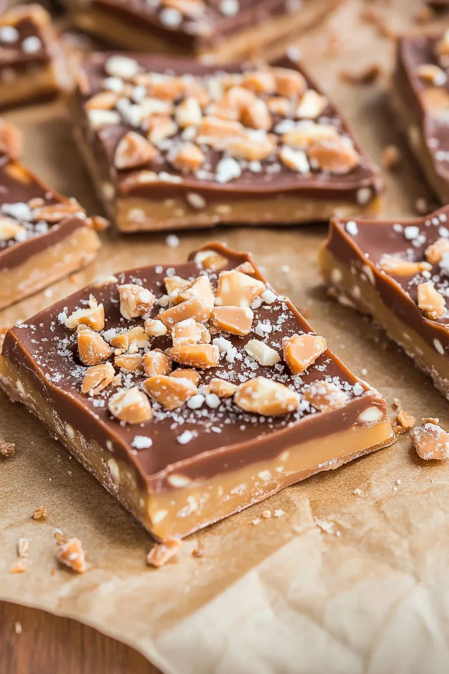 Close-up of buttery toffee squares coated in milk chocolate and sprinkled with almonds.