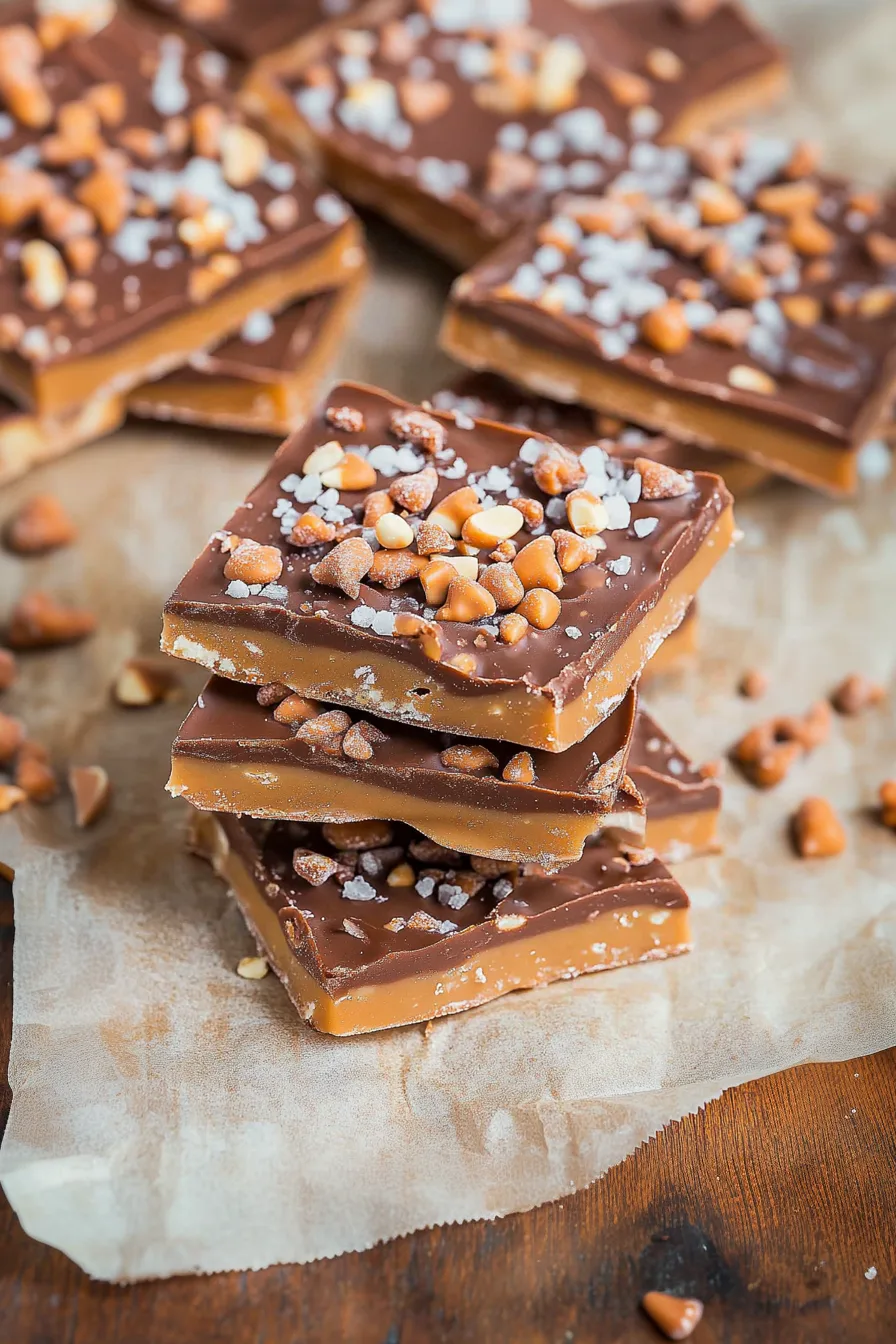 Stacked pieces of golden toffee topped with a layer of chocolate and chopped nuts.