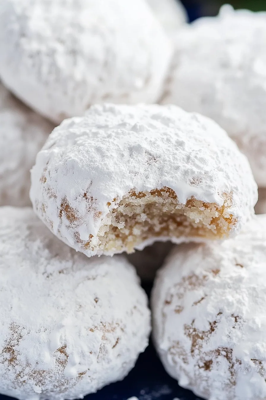 Close-up of soft cookies dusted generously with powdered sugar.