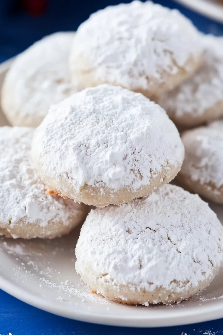 Powder sugar-coated cookies with a crumbly texture.