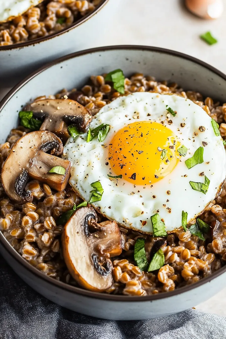 Close-up of a rustic breakfast bowl featuring a fried egg and tender mushrooms on a bed of farro.