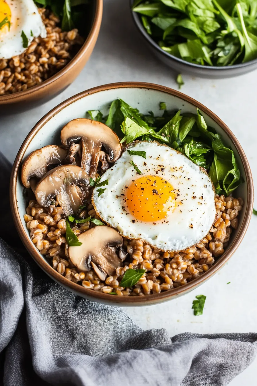 A hearty bowl topped with a sunny-side-up egg, sautéed mushrooms, and fresh herbs over warm grains.