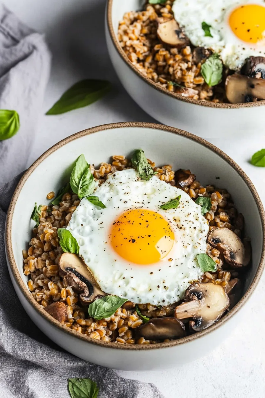 Comforting meal of farro, seared mushrooms, and a fried egg sprinkled with black pepper and herbs.
