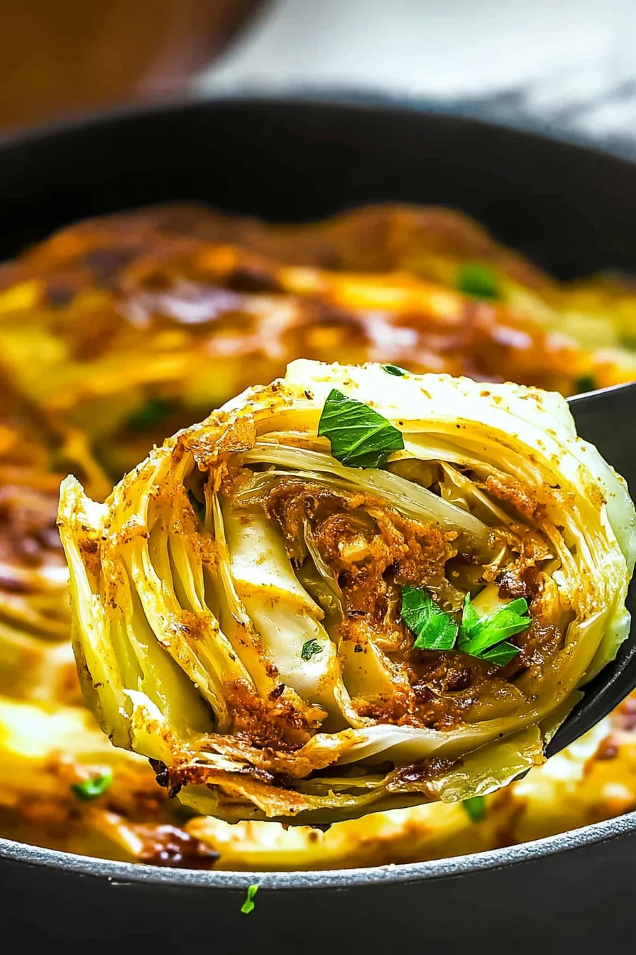 Golden-brown cabbage wedges fresh from the oven with a glossy butter finish