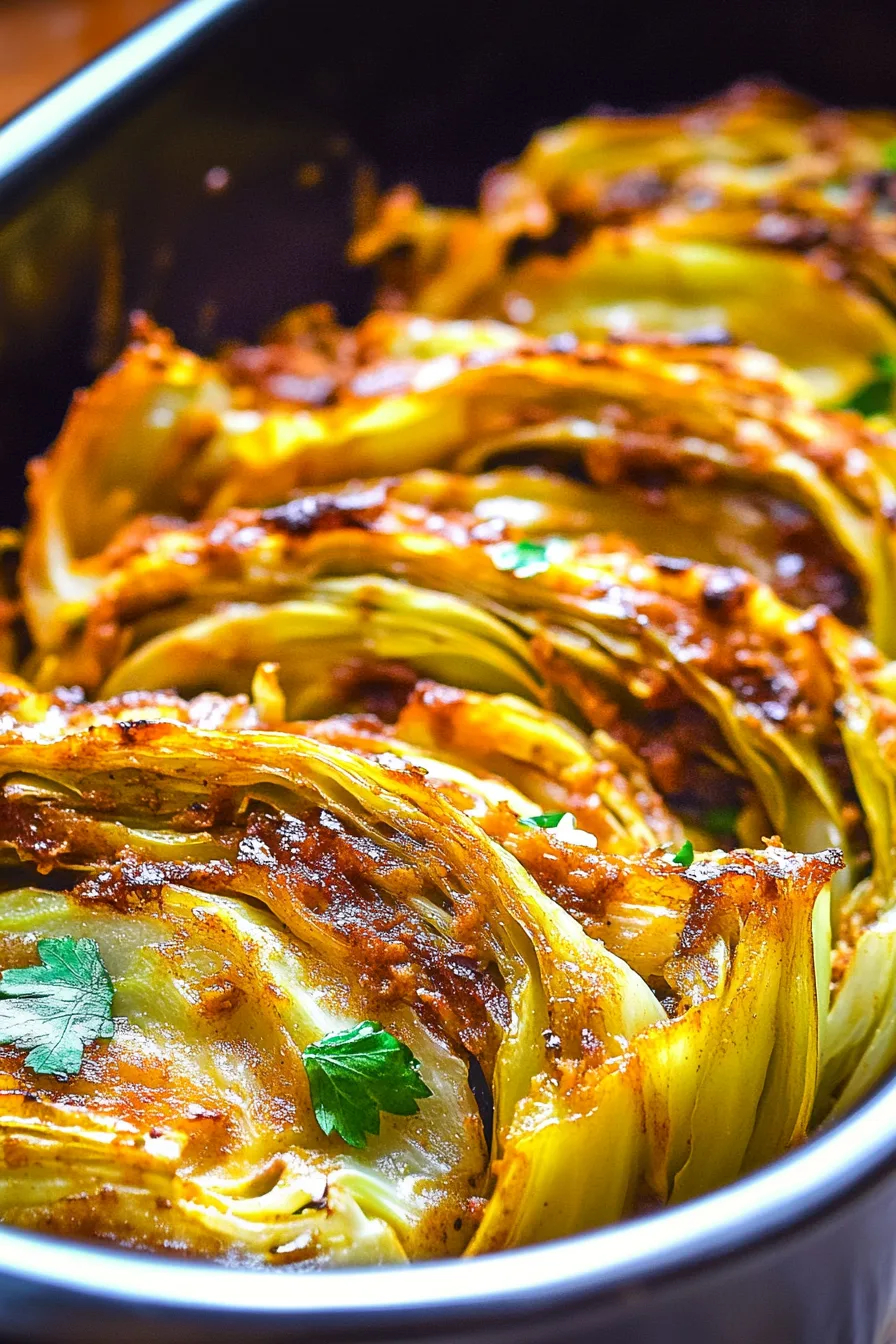 Close-up of caramelized cabbage layers with a buttery garlic glaze.