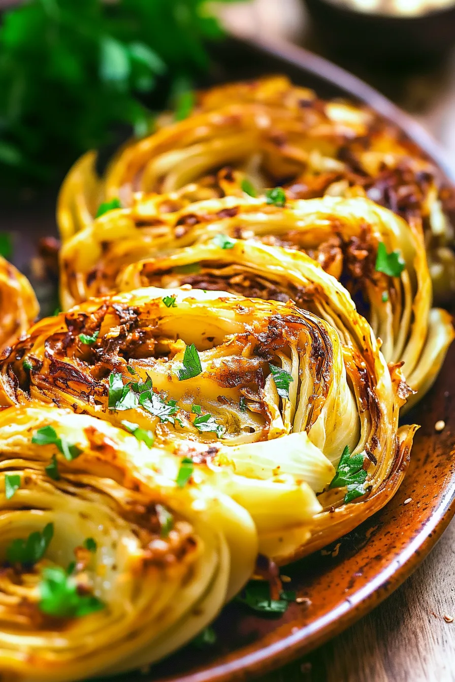 Tender baked cabbage with crispy edges and a rich, savory coating.