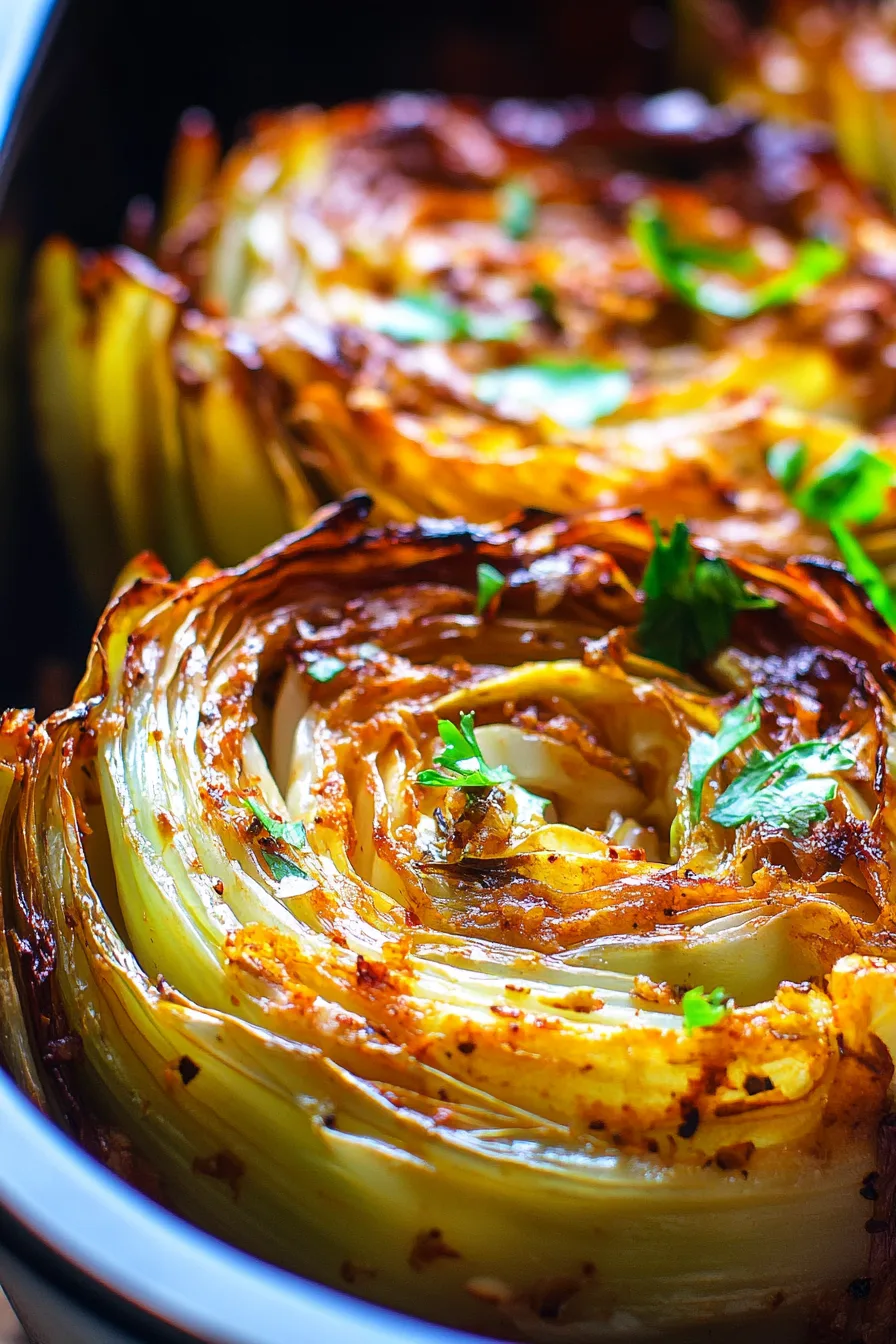 Roasted cabbage wedges coated in golden butter and herbs, served in a baking dish.