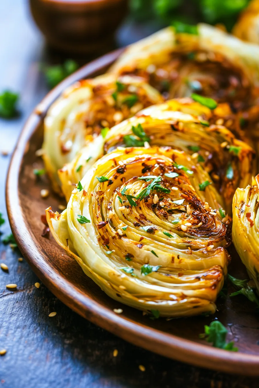Oven-roasted cabbage slices brushed with garlic butter and garnished with parsley.