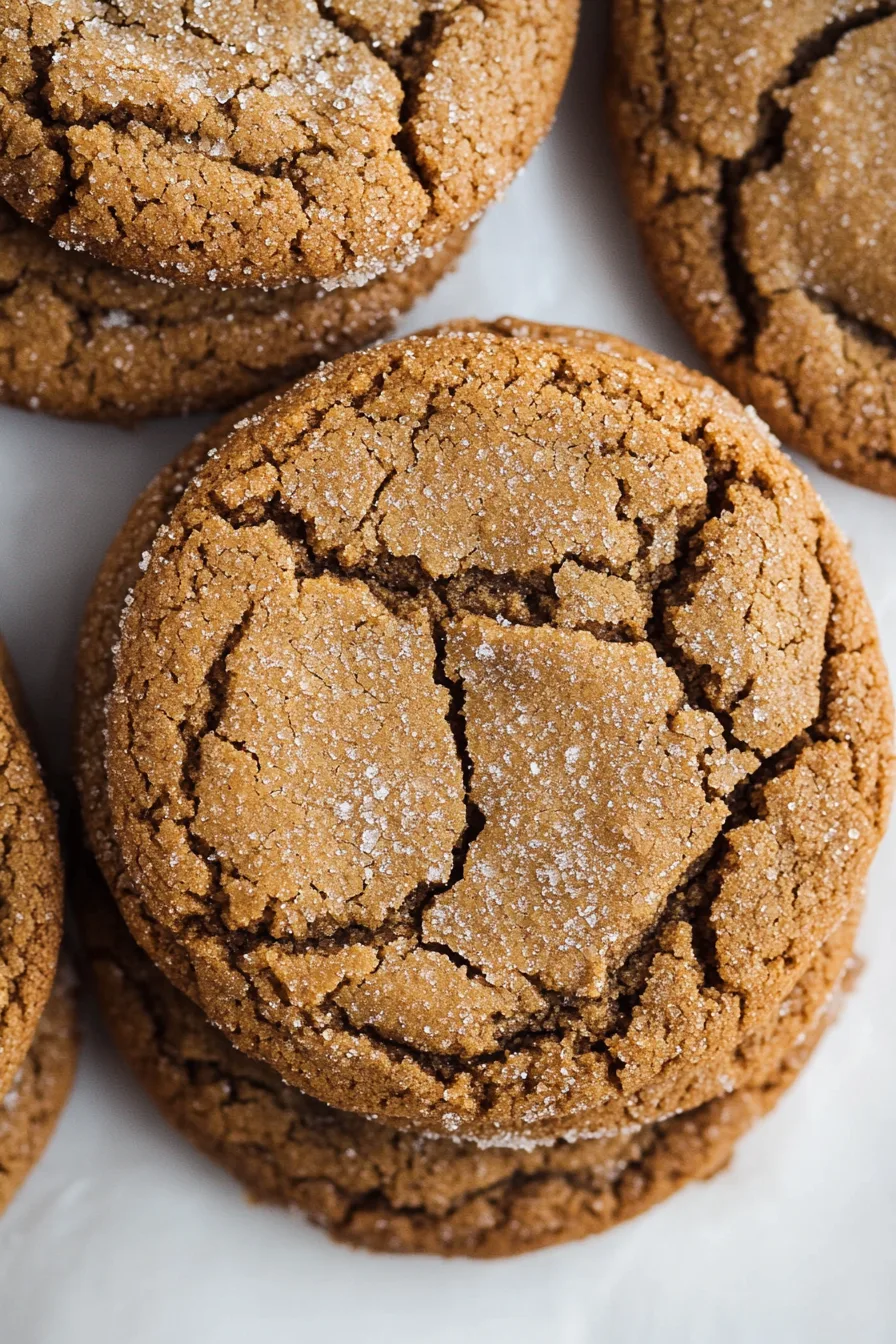 Close-up of a soft and chewy cookie with a crackled sugar-dusted top.