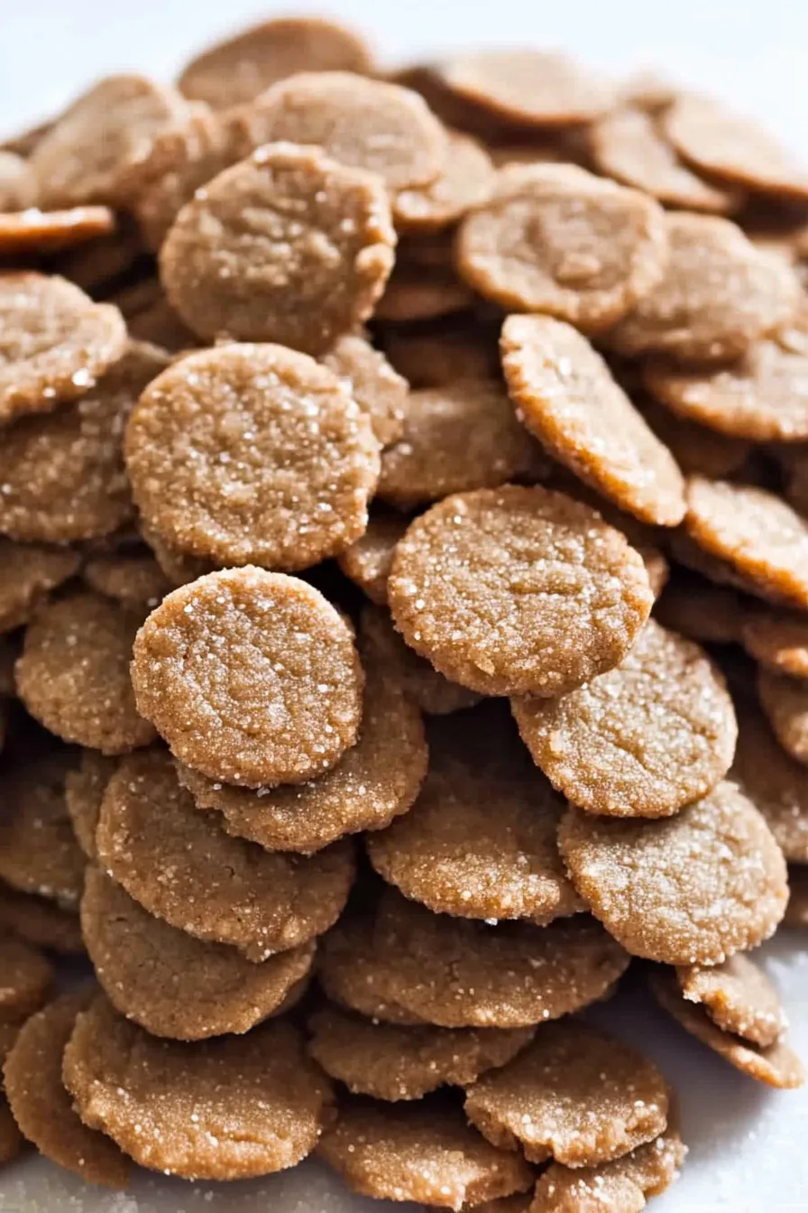 Close-up of small spiced cookies stacked on a white dish.