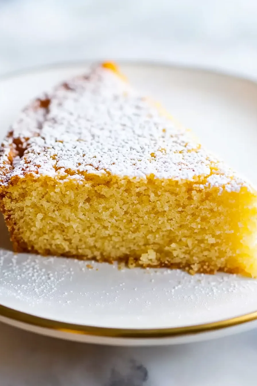 Slice of citrus-infused cornmeal cake showing its moist crumb and golden crust.