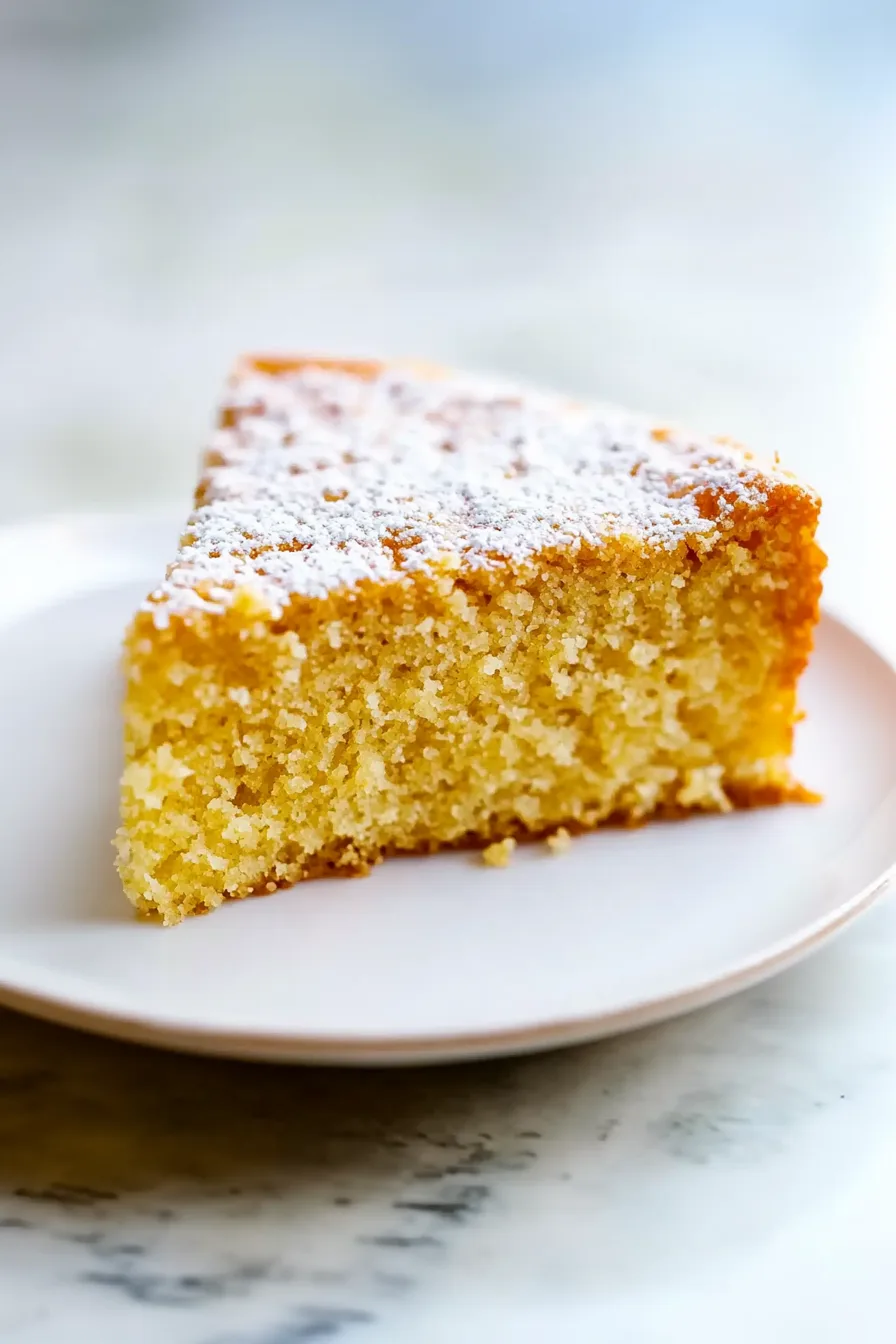 Simple, rustic cornmeal cake with a hint of orange, topped with powdered sugar.
